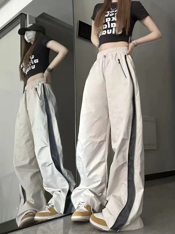女性のカジュアルなバギーパンツ,韓国のファッション,ヒップホップスタイル,ワイドレッグ,ジッパーパンツ,トラックスーツ,y2k,2024