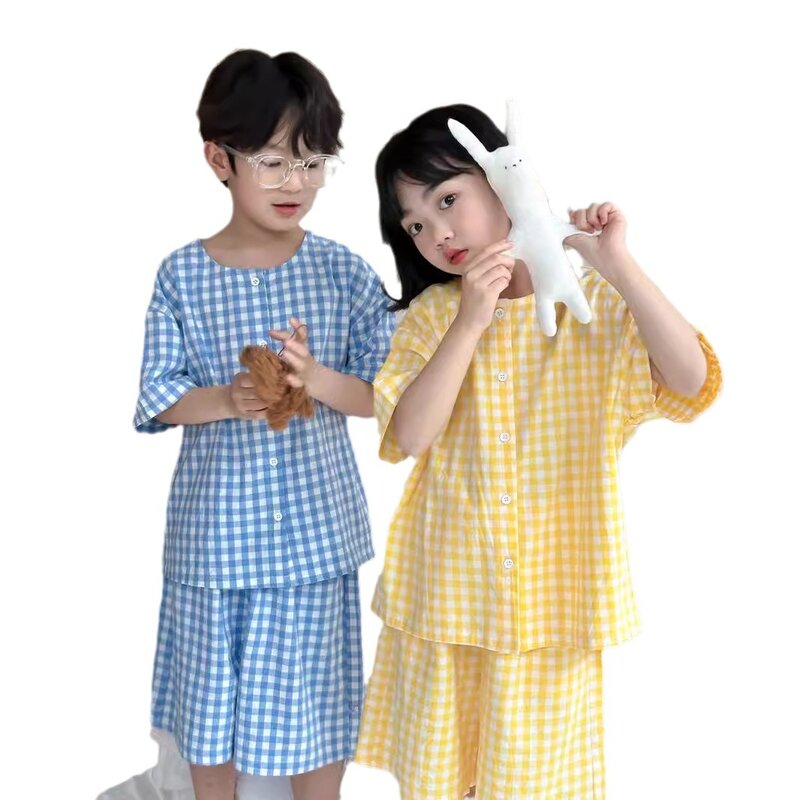 아동복 세트, 한국 스타일 격자 무늬 잠옷, 남녀공용 루즈한 반팔 반바지, 홈웨어 투피스 세트, 2024 여름