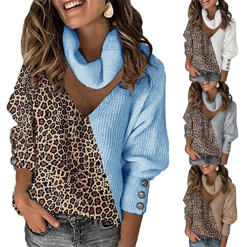 Suéter de retazos de leopardo para mujer, Top de punto ahuecado, manga farol, cuello alto, Jersey de punto para uso diario, Otoño e Invierno