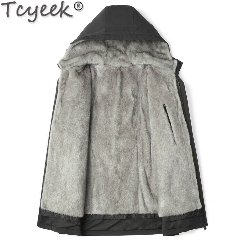 Tcyeek męska męska kurtka zimowa naturalne futro z norek średniej długości L-5XL modna z kapturem w całości szaro-płaszcze z norek Slim Fit
