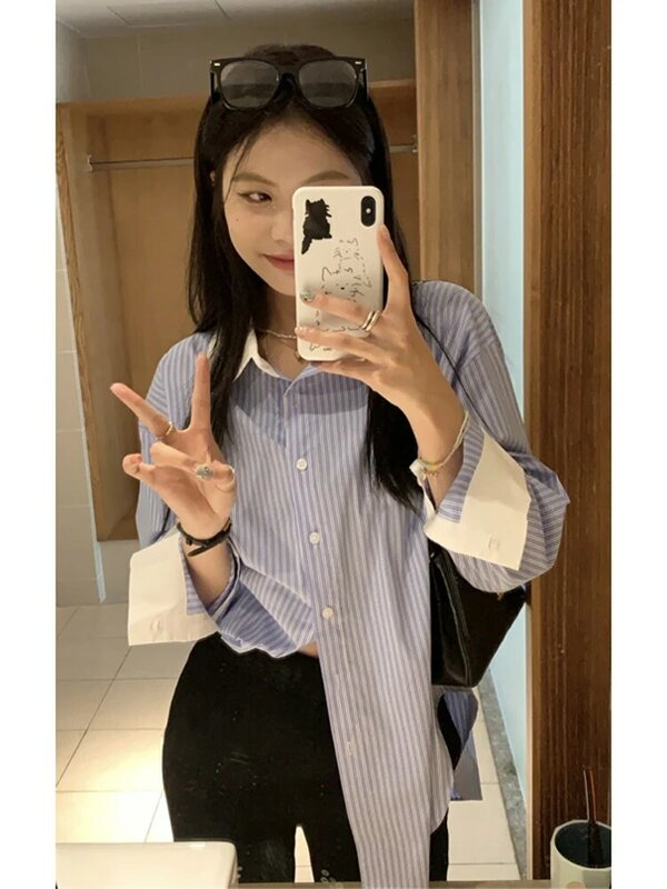 Blue and White Striped Contrast Color Shirt for Women 2023 Spring Summer Thin Special-Interest Design High-Grade French Styl