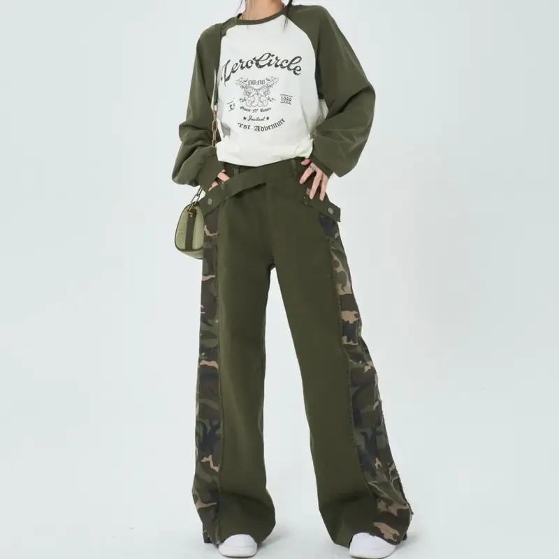 Novo americano retro sólido multi bolso perna larga calças de carga funcional calças de cintura alta harajuku estilo hip-hop calças retas