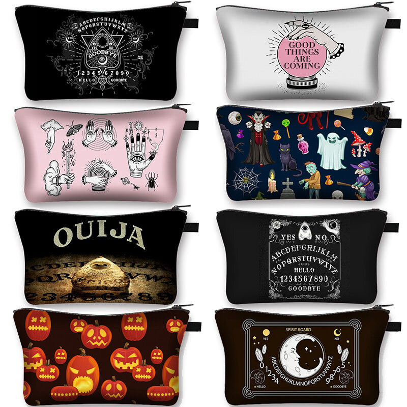 Ouija estuche de cosméticos gráfico de letras de tablero negro, bolsas de maquillaje para damas, bolsa de almacenamiento para viajes, bolsas de aseo para niñas, organizadores