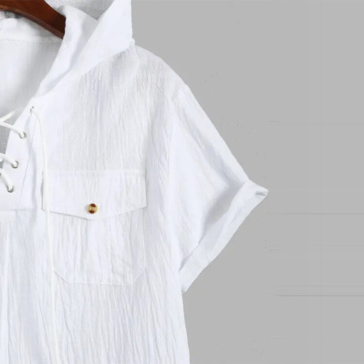 Camicia da uomo 2022 summer new fashion lace up patch pocket camicia con cappuccio a maniche corte