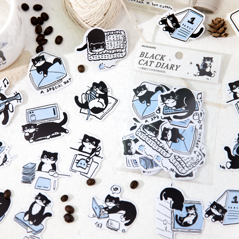 ملصق ورق فن القط الأسود الصغير ، علامات سلسلة المذكرات ، زخرفة ألبوم الصور ، 6 حزم في المجموعة