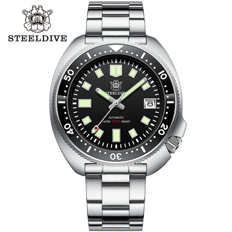 Steeldive-Reloj de buceo automático para hombre y mujer, reloj de buceo con fondo de fecha blanca, 200M, resistente al agua, NH35 6105, SD1970