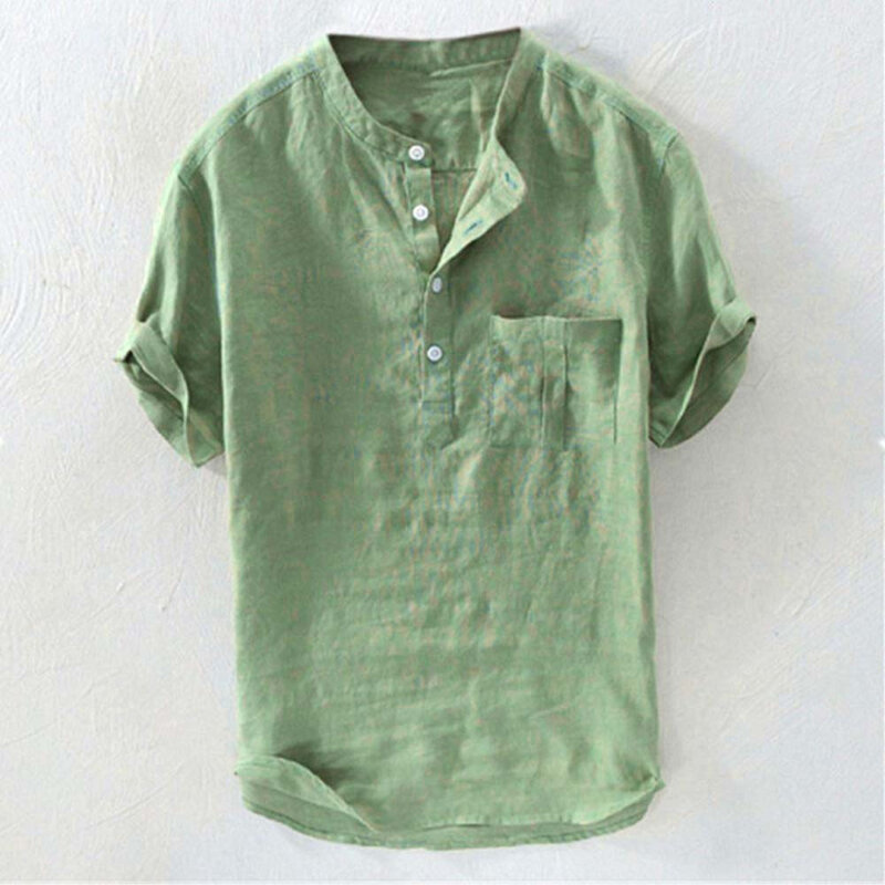 Мужская Повседневная Свободная рубашка с коротким рукавом, быстросохнущие топы, мягкие строгие рубашки без воротника, однотонный праздничный Топ, футболка