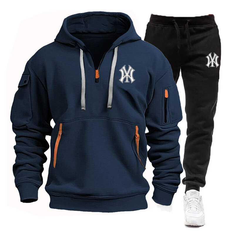 Men's new spring and autumn multi-pocket zipper hoodie + sports pants two-piece jogging casual fitness sportswear suit