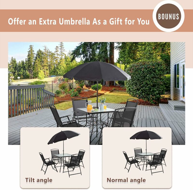 4/6-częściowy składany zestaw do jadalni na patio, mały metalowy stół ogrodowy i zestaw krzeseł z parasolem na trawnik, pokład, podwórko