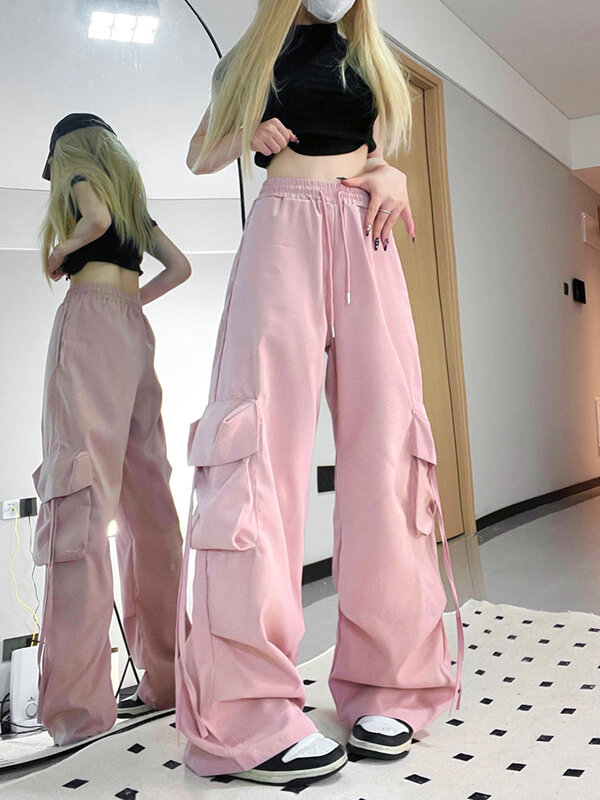 Zoki Pink Streetwear Cargo Pants donna allentato Harajuku Y2K pantaloni dritti American Retro Hip Hop Casual Bf pantaloni a gamba larga nuovo