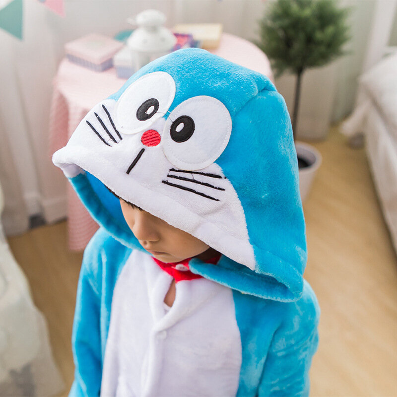 Piyama Doraemon Onesie, kostum Cosplay hewan Kigurumi, piyama keluarga biru Halloween wanita
