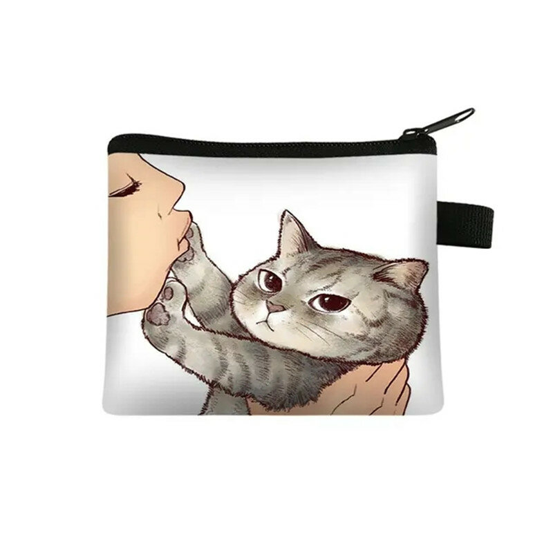 Cute Illustration Kissing Cat Coin Purse Women Shopping Portable Coin Bag Mini Credit Card Bag Girls Lipstick Coin Holder Gift