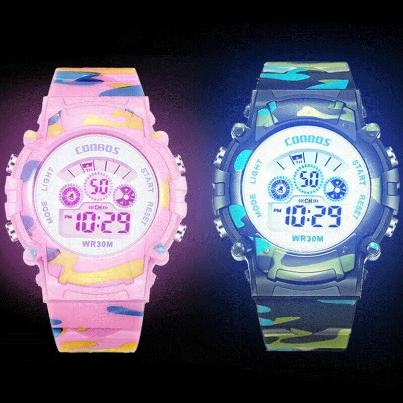 Kolorowy Flash cyfrowy zegarek dla chłopców dziewcząt kamuflaż LED Luminous dzieci zegarki sportowe wodoodporny elektroniczny zegar dla dzieci