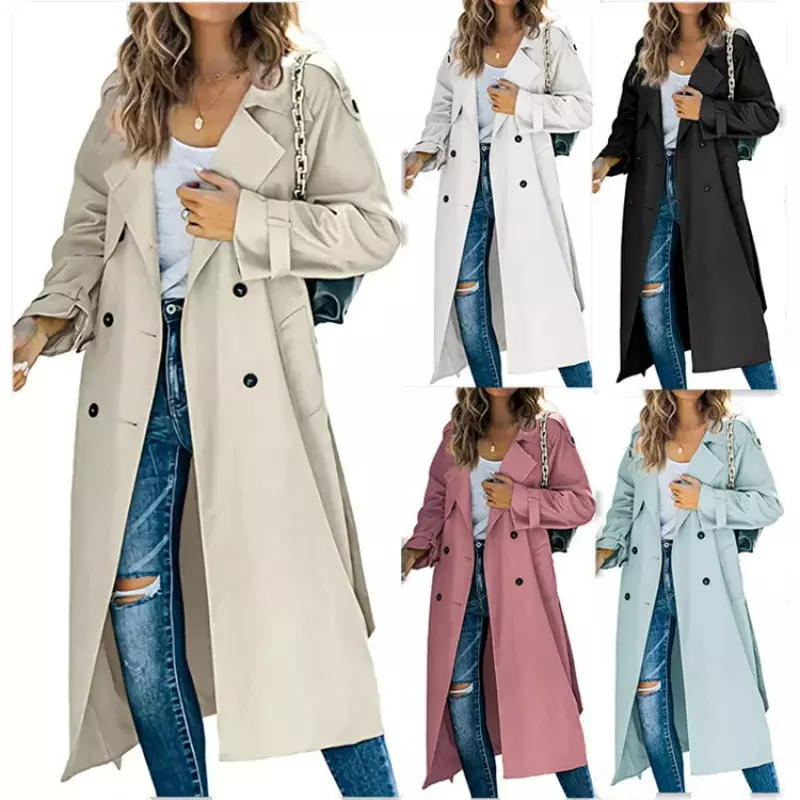 카키 긴 여성용 트렌치 코트, 턴다운 칼라, 캐쥬얼 전체 소매 벨트, 가을 겨울