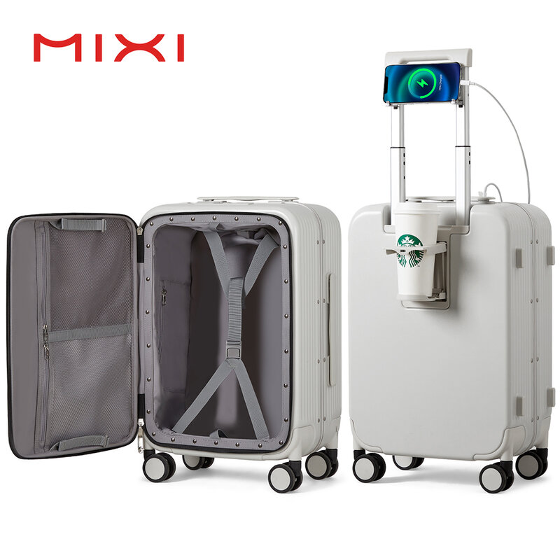 Mixi baru koper bingkai aluminium membawa bagasi bergulir dengan Port USB kabin asrama cangkir dan tempat ponsel 20 24 inci