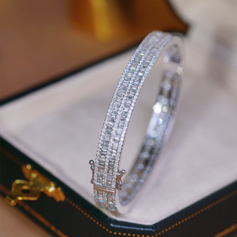 Aazuo-女性用の大きなラインバングル、18kソリッドホワイトゴールド、本物のダイヤモンド、5.6カラットのはしご、完全なセット、スケール、トレンディ、結婚式、婚約パーティー