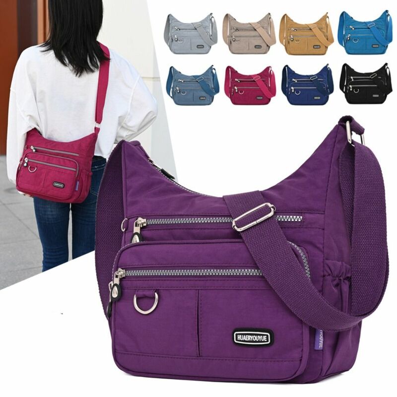Large Capacity Crossbody Bag Fashion Zipper Multi Pocket Shoulder Bag Nylon Waterproof Solid Color Travel Mobile Bag