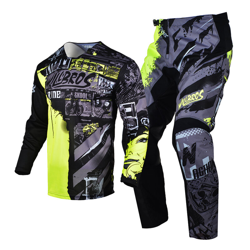 Willbros MX Jersey dan Celana Combo Pakaian Balap Dewasa Set Gigi Balap Sepeda Motor Trail Enduro MTB DH Breathable Motocross