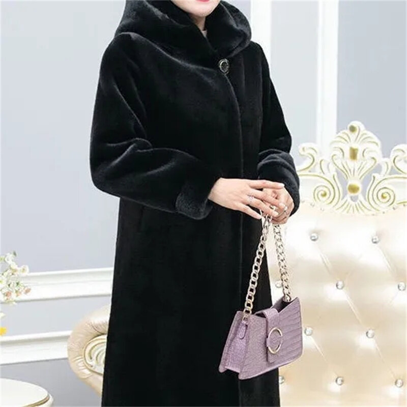 Норковое меховое пальто для женщин, Длинная утепленная норка из цельной норки на осень и зиму, бархатное пальто из искусственного меха для мам среднего возраста, 6XL