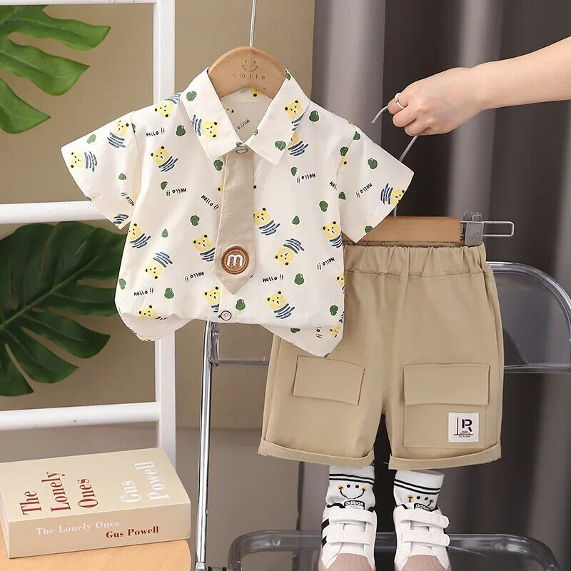 Western Baby Boys Boutique abbigliamento 2024 coreano Cartoon stampato colletto rovesciato camicie e pantaloncini a maniche corte Set completo da ragazzo