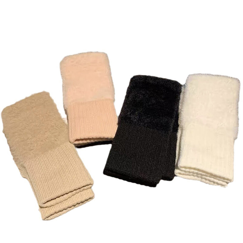 H.Aic-guantes suaves de lana de visón para mujer, mitones de muñeca de punto de felpa blanca, de lujo, sólido y cálido, sin dedos, Invierno