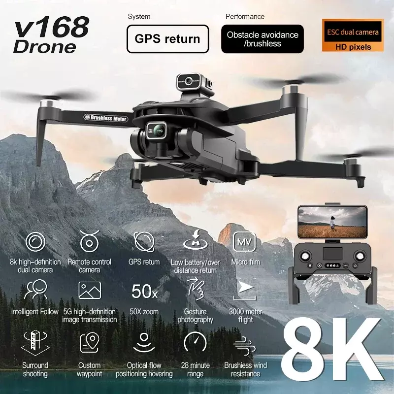 V168 Drone Profissional com Grande Angular, Localização GPS Óptica 8K, Quadcopter de Prevenção de Obstáculos de Quatro Vias para Xiaomi, Novo, 3 Câmera