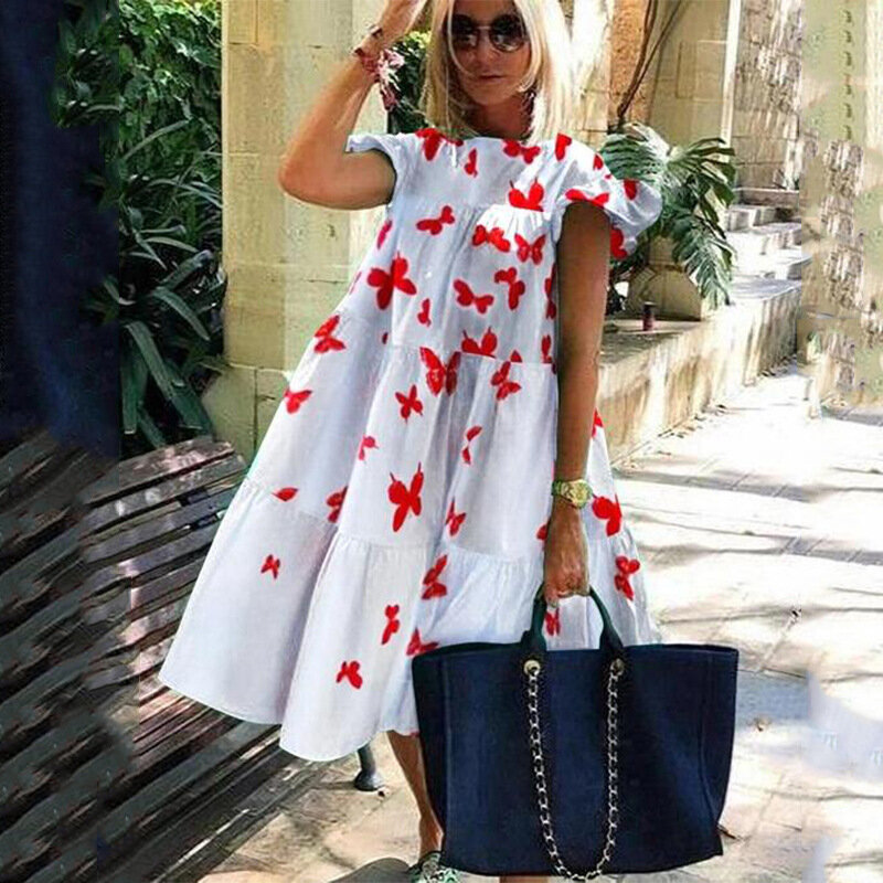 Plus size sukienka z okrągłym dekoltem różowy liść klonu nadruk z motylem luźna sukienka plażowa damska elegancka sukienka sukienki Midi moda