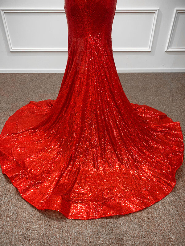 Mermaid Red Sequined High Split Prom Dresses Sparkly Beaded Appliques Pearls Exquisite Formal Party Evening Gown Vestido De Gala