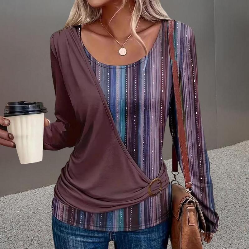 Long-sleeve Shirt Striped Print Round Neck Long Sleeve Women's Top Casual Loose Tee for Daily Wear Polyester Spandex Blend