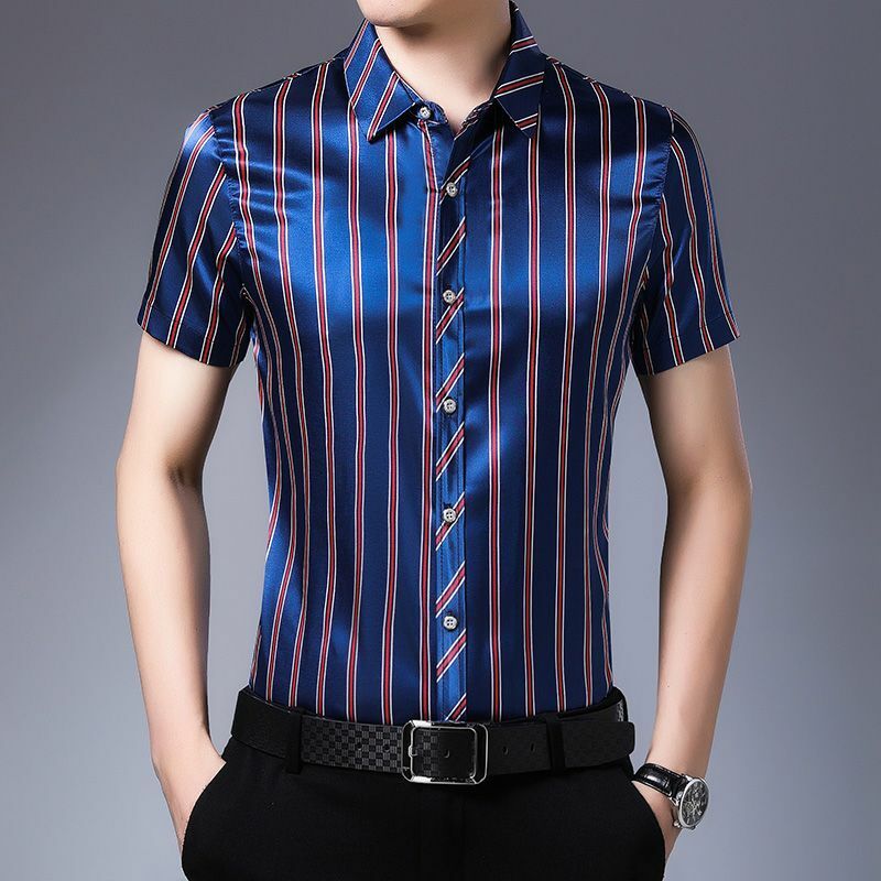 Camisas listradas masculinas com botão de lapela manga curta, roupas soltas, tops que tudo combina, moda coreana, verão, novo, 2024