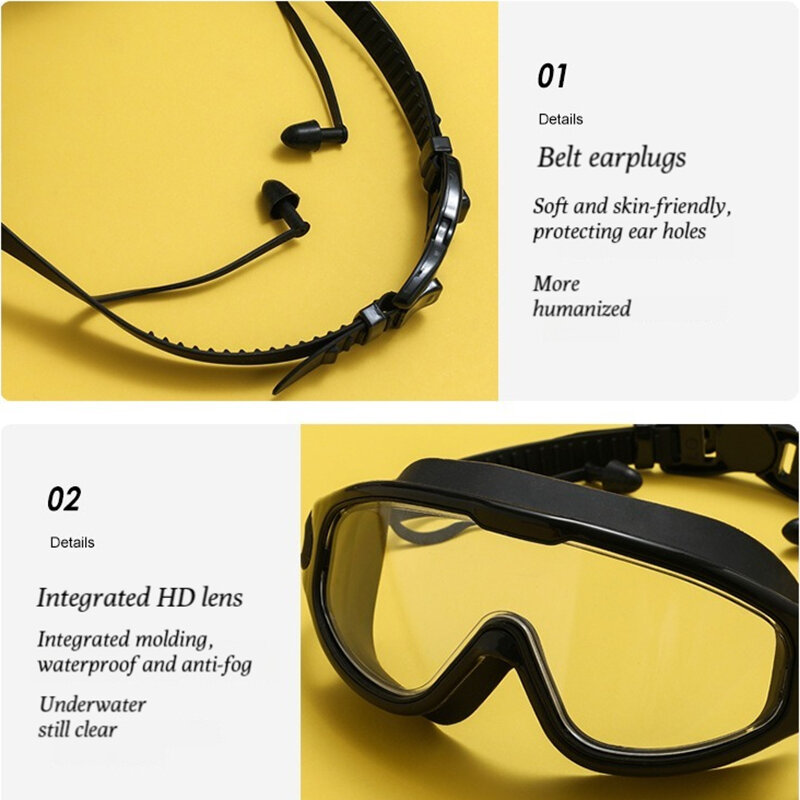 Kacamata Renang Bingkai Besar Dewasa dengan Penyumbat Telinga Kacamata Renang Pria Wanita Profesional HD Kacamata Antikabut Kacamata Silikon