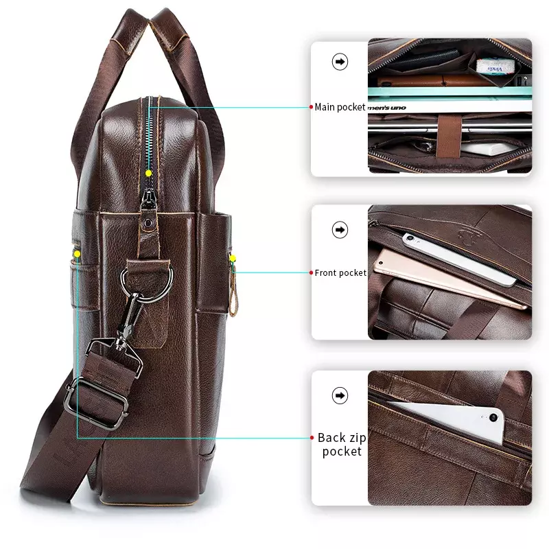 Tas koper pria, tas selempang kulit sapi asli lembut perjalanan Laptop bisnis sederhana kasual kapasitas besar