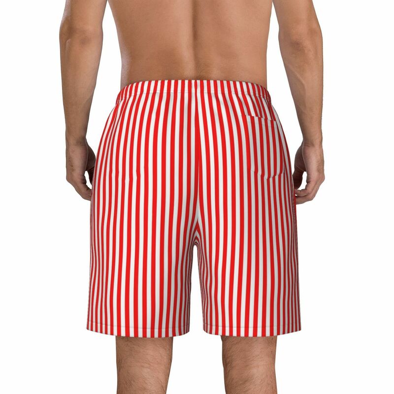 남성용 스트라이프 프린트 보드 반바지, 빨강색 및 흰색 스포츠 비치 반바지, 빠른 건조 캐주얼 패턴, 대형 수영 트렁크, 여름