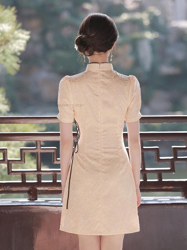 Gaun renda berongga gaya China sehari-hari wanita, gaun Cheongsam ramping kerah berdiri Modern Qipao