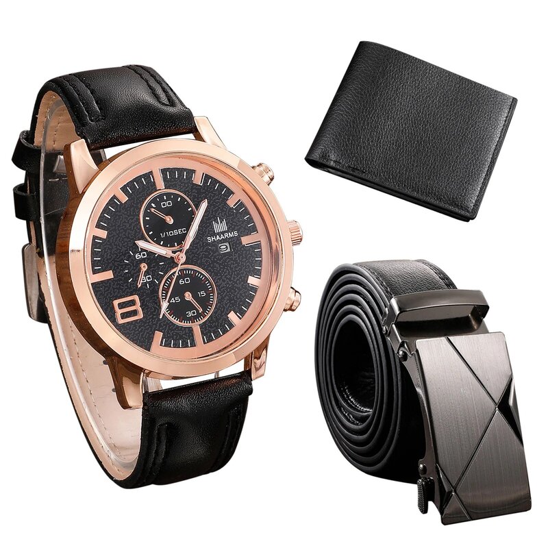 Men's Watch+Wallet+Belt Set Male's Gift for Father's Day Birthday Gift 3pcs/set Casual Quartz Watch PU Strap Good-looking JAN88