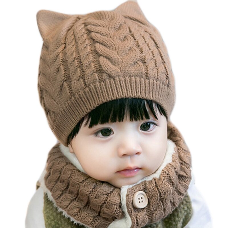 Infant Baby Kids Winter 2 Pieces Beanie Hat with Button Circle Scarf Set Cartoon for Cat Ears Cable Knit Skull Cap Thick