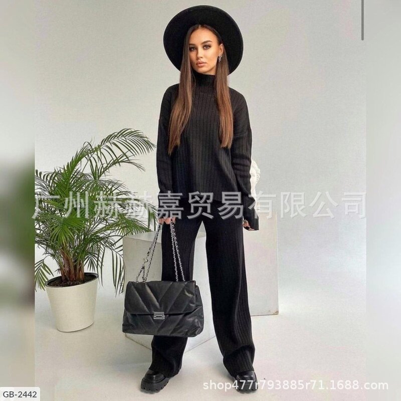 Knitted Pit Strip Women's Sets Autumn and Winter New Fashion Temperament Loose Semi-turtleneck Knit Suit Two-piece Set for Women