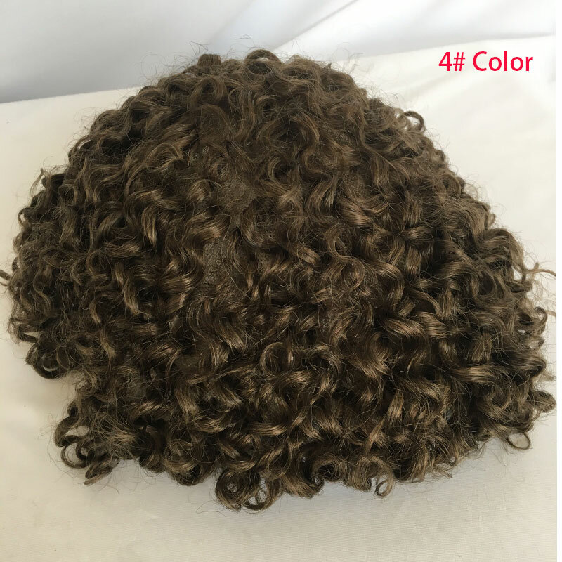 Mens Full Lace Toupee Hairpiece Curly Toupee Hair For Men 8x10 Inch Full French Lace Toupee Human Hair Men Wigs System Brown 4#