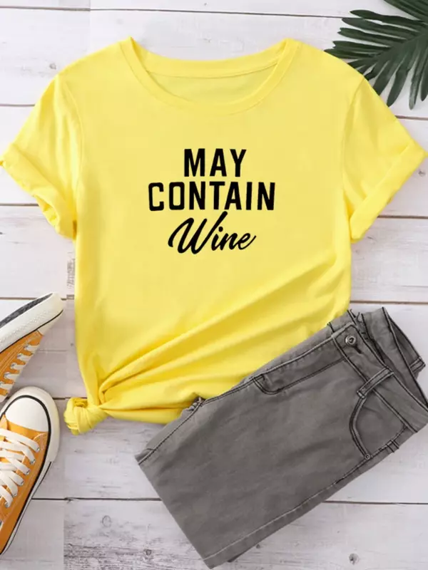 T-shirt manches courtes col rond femme, ample, avec lettres de vin imprimées