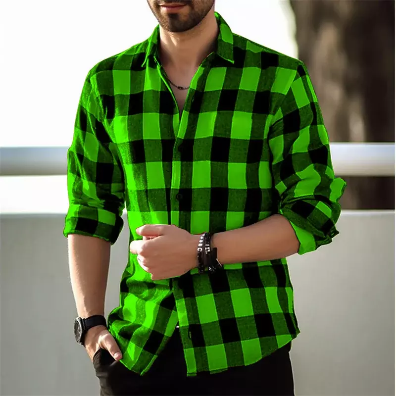 Camisa xadrez xadrez casual masculina, moda do escritório, tendência, alta qualidade, macio, tecido confortável, lapela, mangas compridas, tamanho positivo, alta qualidade