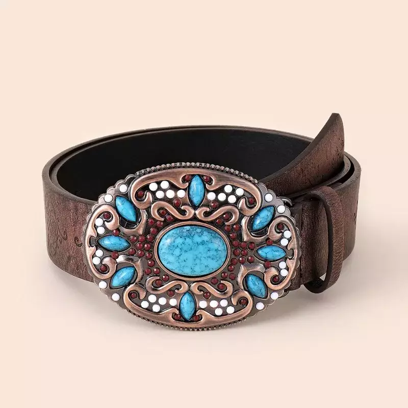 Cinturón turquesa de alta calidad con hebilla de textura decorativa para mujer, correa de hombro en relieve, estilo informal, vestido de moda