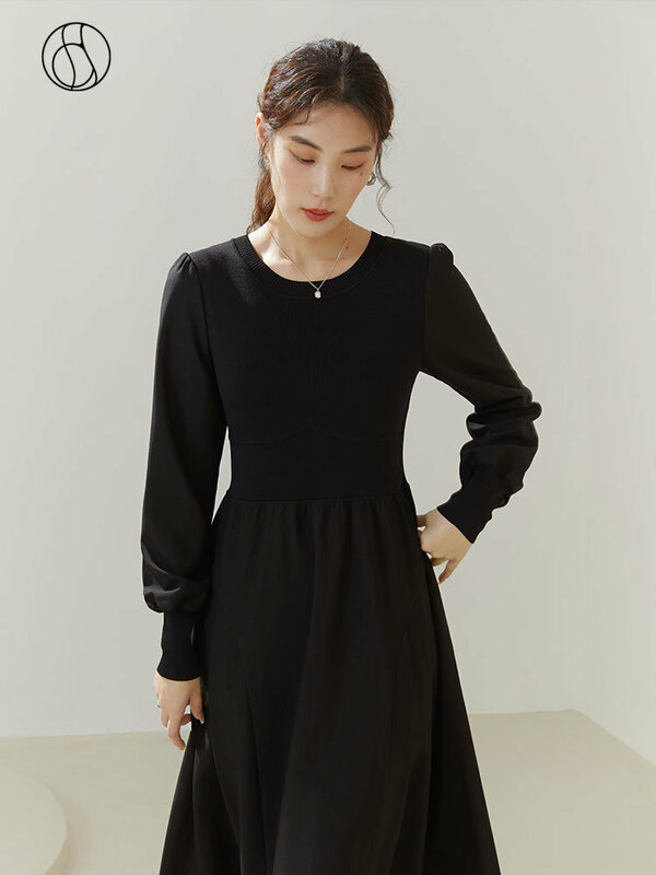 Djoin-女性用の黒いスカート,丸い襟,ミッドカーフ,パッチワークデザイン,オフィスウェア,女性用のスリムフィット