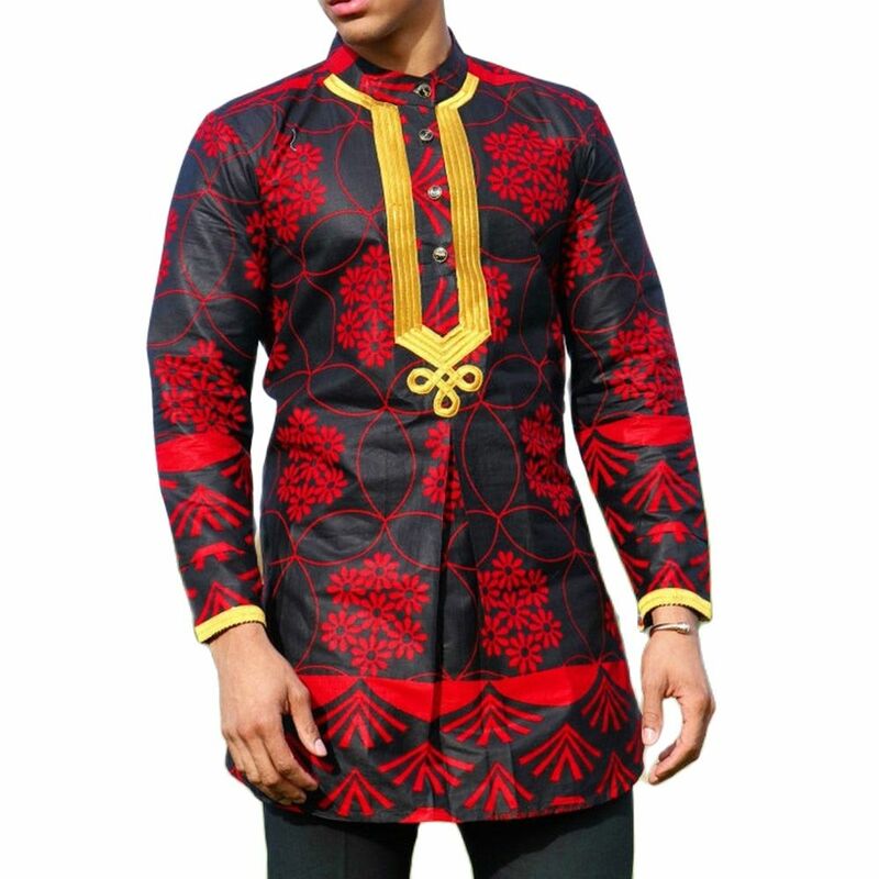 Kaunda Men's Suits Kaftan Outfits Round Neck Striped Print Long-sleeved African Ethnic Style Men's Sets Traditional Clothing