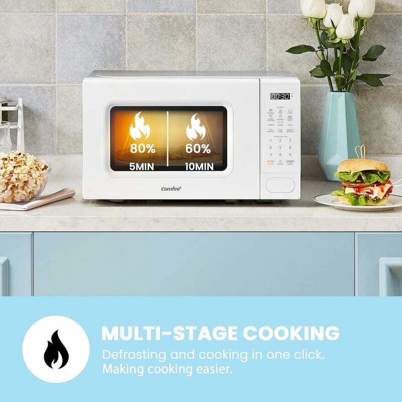 Microondas retro com 11 níveis de potência, rápido multi-estágio cozinhar, Turntable Reset função, temporizador de cozinha