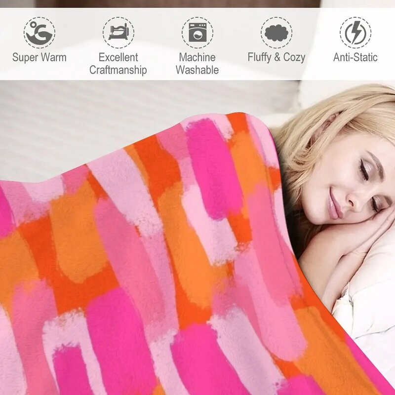 Cobertor abstrato para acampar, cobertores macios, efeito pincelada, rosa quente e laranja
