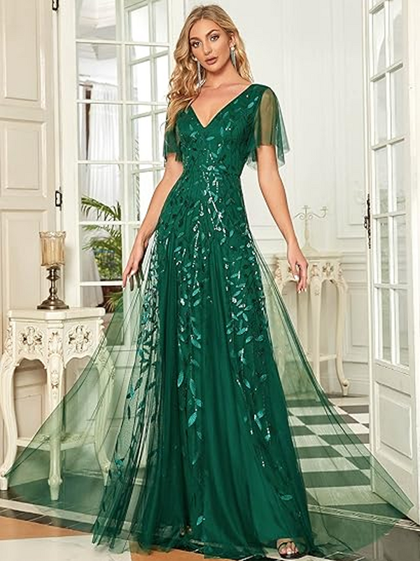 Oisslec Prom Dress V Neck Celebrity Dresses Sleeves Formal Dress Floor Length Party Gown Zipper Up Evening Dress Tulle Customize