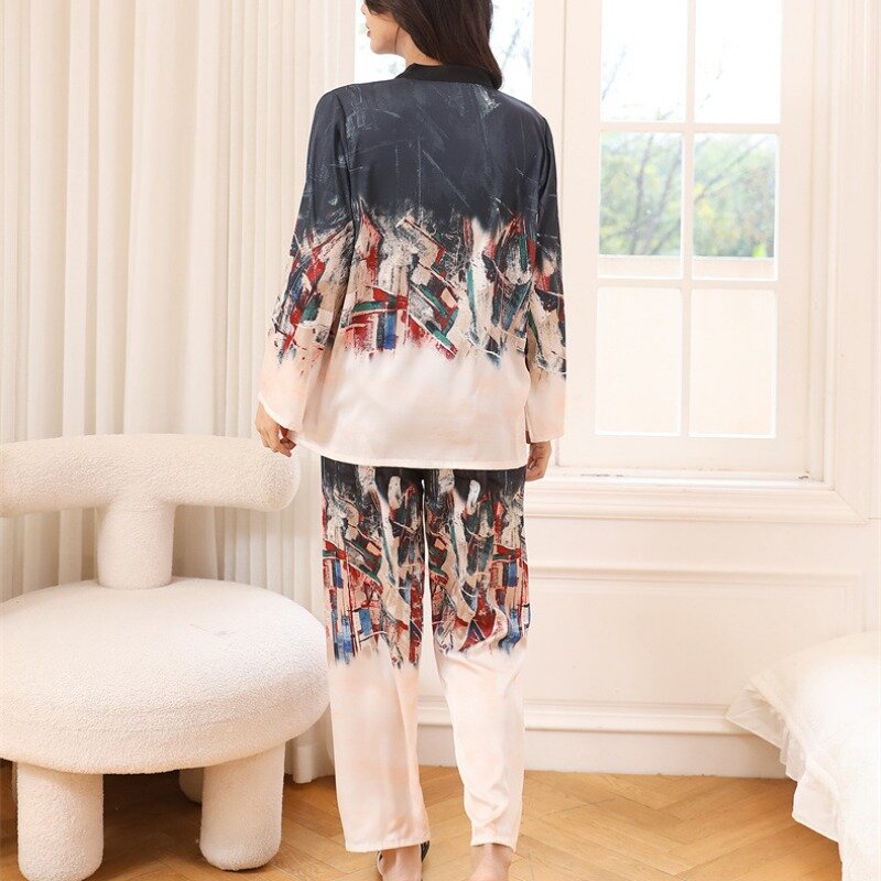 2023 New Luxury Print Sleepwear Women Pajamas Set V Neck Kimono Casual Homewear Satin Silk Like Nightwear Femme Petite  service
