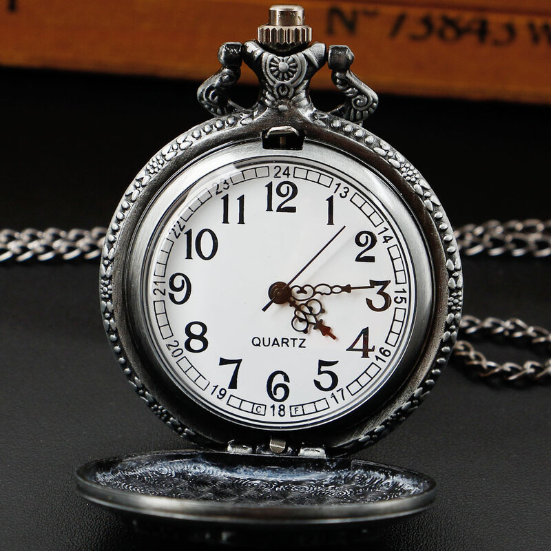 Montre de poche à quartz pour homme et femme, série de montres de poche antiques, motif sculpté de fleur et d'oiseau, collier pendentif gris
