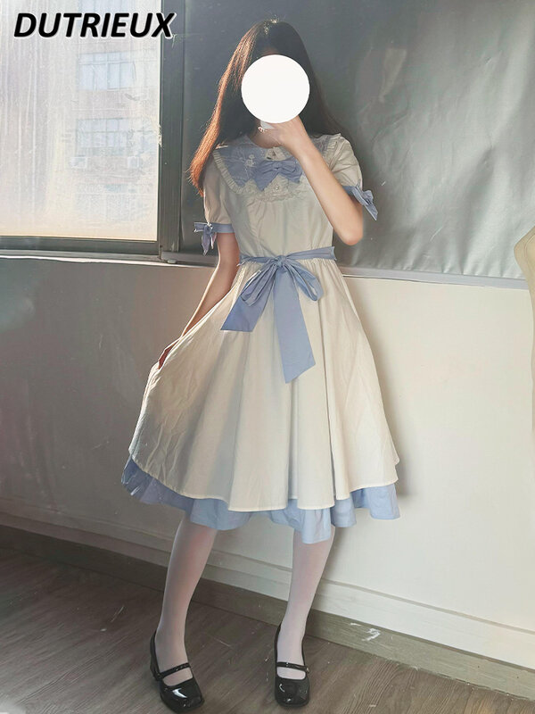 Vestido Midi ajustado de princesa para mujer, Vestido de manga corta con solapa y cordones, Color blanco y azul, Verano