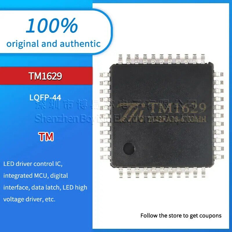 Original autêntico diodo emissor de luz LED, Display Driver Chip IC, TM1629, LQFP-44, 5pcs